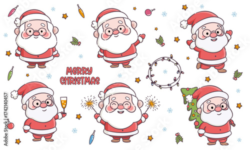 A set of flat vector Christmas illustrations. Cute Santa Clauses in different poses, Christmas tree decorations, garlands, stars, and lettering. Vector illustration