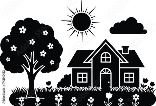 Charming silhouette of a home nestled amongst a blooming garden under a bright sun.
