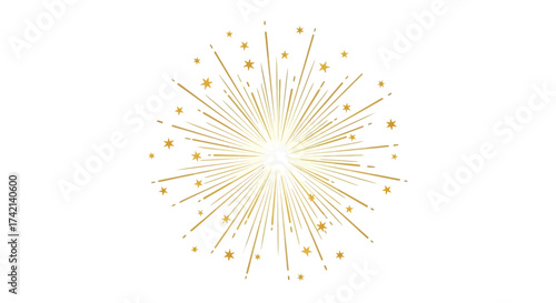 Golden Sunburst Explosion with Twinkling Stars and Subtle Sparkles of Light Illuminating the Dark Night Sky Creating a Festive and Celebratory Atmosphere of Joyful Delight