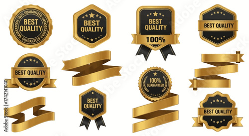 Collection of Golden Badges and Ribbons Demonstrating Excellence and Superior Quality