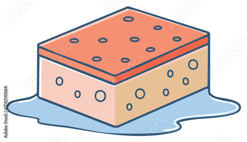 Cartoon illustration of a sponge with water puddle