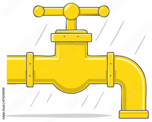 Bright yellow cartoon style water tap with running water illustration for plumbing and utilities concepts