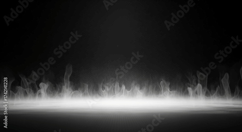 Mysterious glowing mist rises from a dark and empty stage with subtle textured lighting creating an atmospheric and ethereal scene