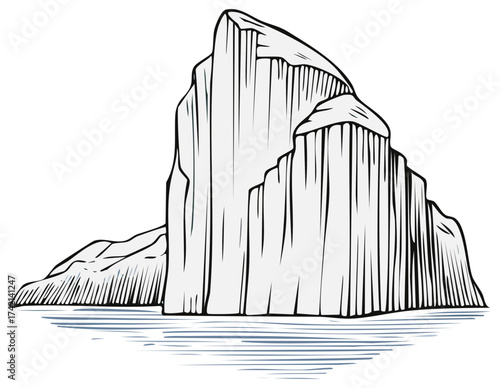 Stylized vector illustration of a glacial iceberg floating in the ocean waters, ice cliff with linear details, winter landscape