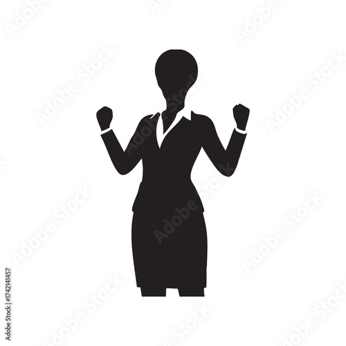 Silhouette of an Alien woman in a suit with fists raised in celebration