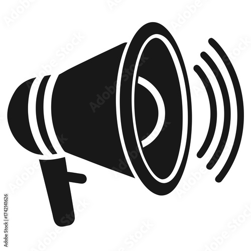 Black silhouette of a classic megaphone emitting sound waves against a white background