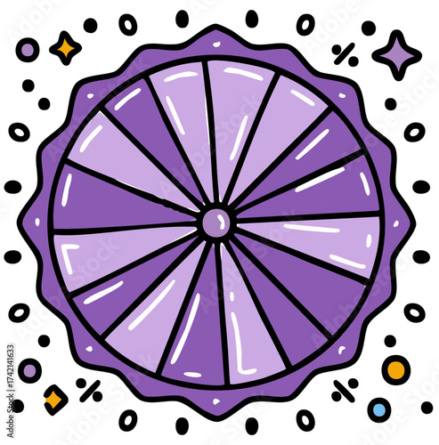 Hand drawn purple prize wheel doodle illustration for games luck and winning discounts