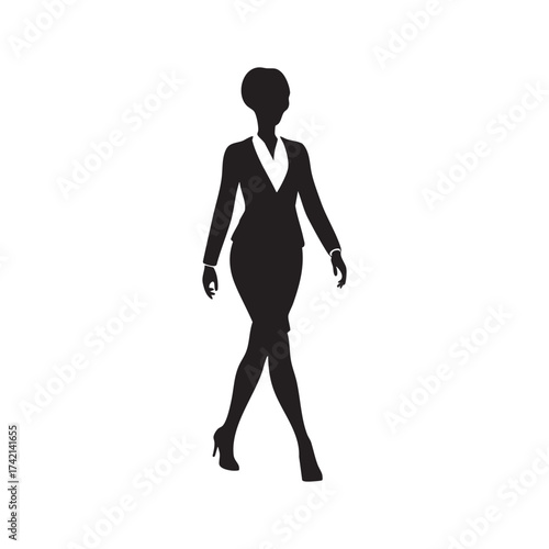 Silhouette of an Alien woman in a business suit walking 