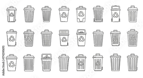 Collection of Various Trash Can Designs and Recycling Bin Icons for Waste Management and Environmental Protection Concepts