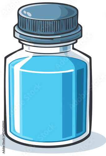 Cartoon illustration of a medical vial with blue liquid, chemical solution, or magic potion