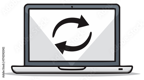 Laptop computer screen showing a refresh or sync icon symbol for system update or data process