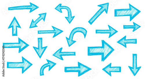 A Collection of Hand Drawn Blue Arrows Showing Different Directions and Styles for Your Design Projects