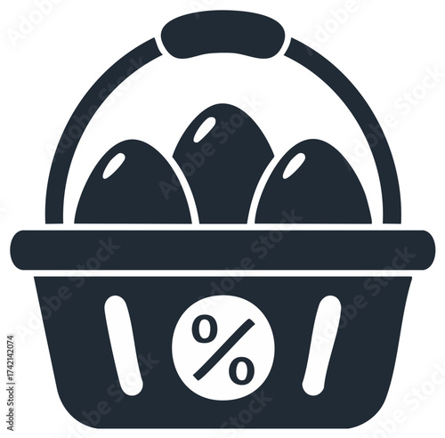 Shopping basket icon with eggs and a discount symbol representing grocery deals and sales