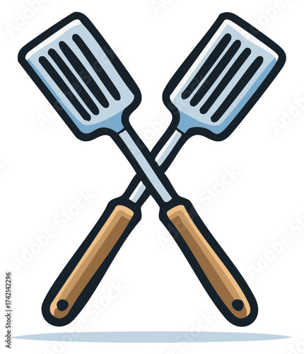 Two crossed kitchen spatulas vector illustration with brown handles and slotted metal heads for cooking