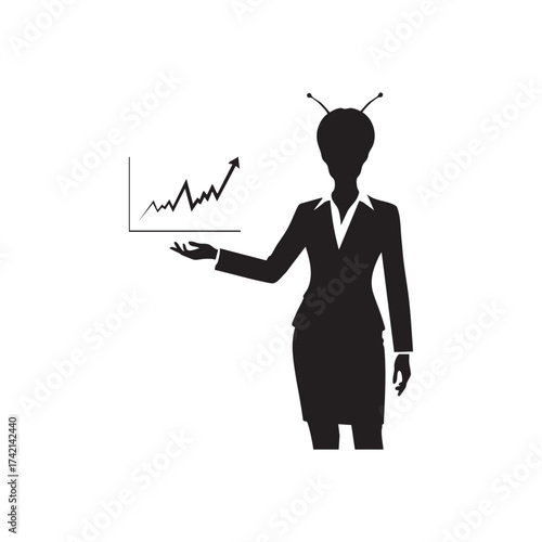 Silhouette of an Alien business woman with antennae presenting a graph
