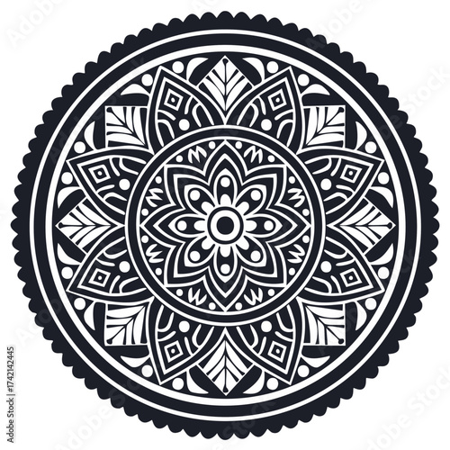 Intricate circular mandala design with floral and geometric patterns in black and white