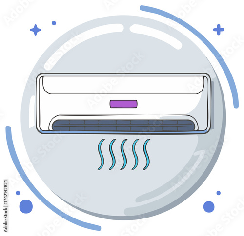 Cartoon air conditioner unit emitting cool air in a bubble with stars and circles decorative elements