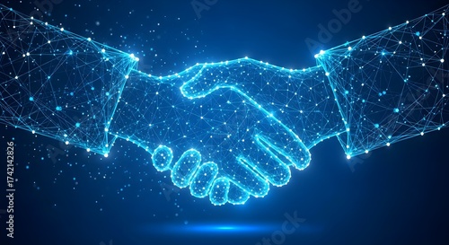 Digital Art Handshake Luminous Network Blue Lines