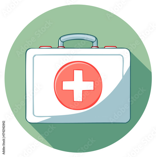 Cartoon illustration of a first aid kit with red cross symbol