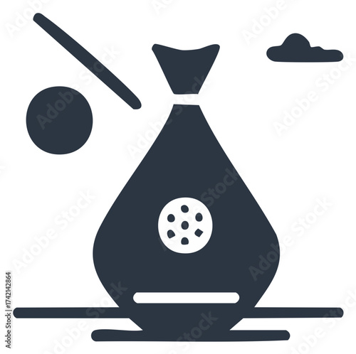 Minimalist glyph icon of a traveler's bindle sack with food and a stick