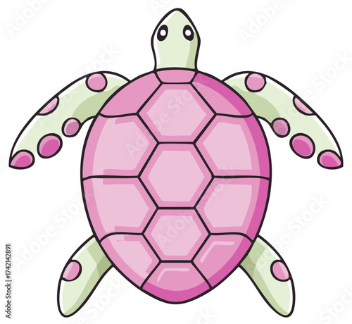 Cute cartoon sea turtle with a pink hexagonal shell and green spotted flippers top down view illustration