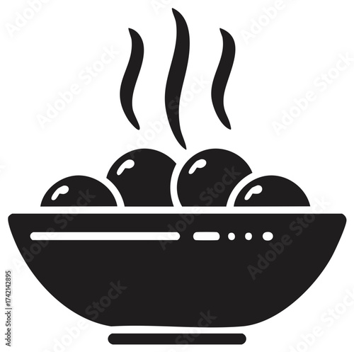 Steaming bowl of food, balls of food icon, illustration, cooking, mealtime.