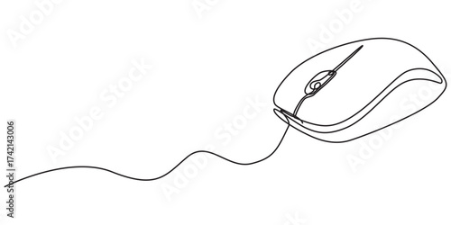 one line art computer mouse drawing, mouse computer one continuous single line art drawing, minimal art style, computer mouse equipment continuous line art illustration