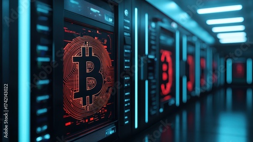 Bitcoin Mining Facility with Server Racks and Digital Display