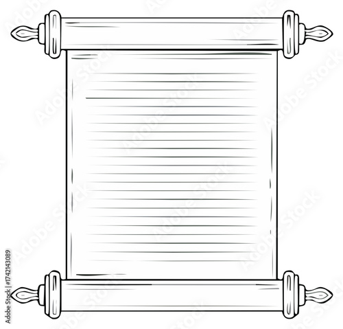 Hand-drawn outline of an ancient scroll with lined paper and decorative rollers