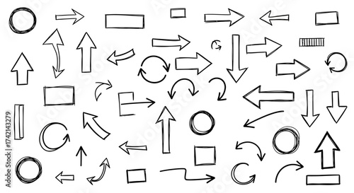 A Comprehensive Collection of Hand Drawn Arrow Shapes and Directional Icons for Visual Communication and Design Projects