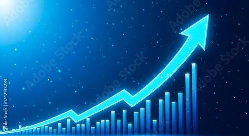Vibrant Glowing Cyan Arrow Over Blue Financial Bars