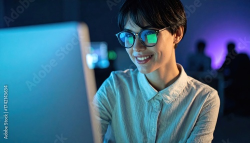 Young woman working late at the office with computer showing screen reflection in glasses focused