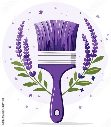 Creative illustration of a paintbrush with a purple cityscape and lavender flowers