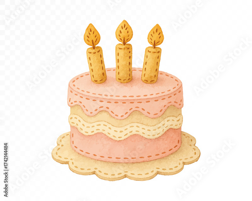 Cute pink birthday cake with three burning candles, layered pastel dessert with stitched felt texture, adorable handmade style for celebration or party design. Vector illustration.