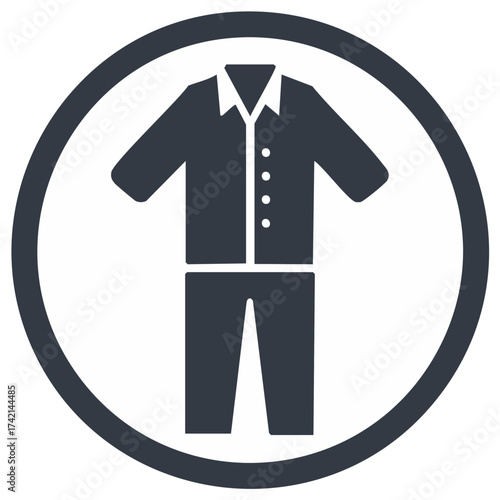 Pajamas glyph icon. Simple dark graphic of a sleepwear set, buttoned shirt and pants, in a circular frame.