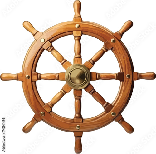 Classic wooden ship's wheel with brass accents, symbolizing guidance and adventure.