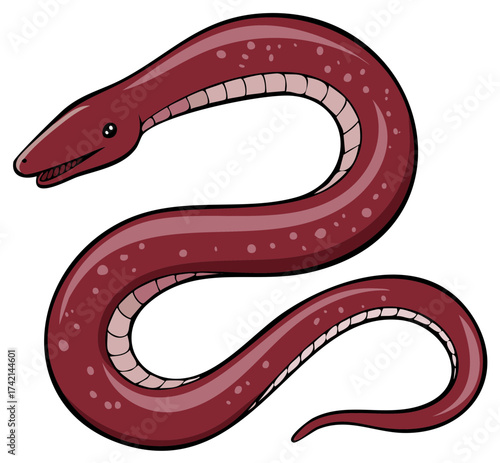 Vibrant cartoon red eel with spotted skin in an S-shape aquatic illustration
