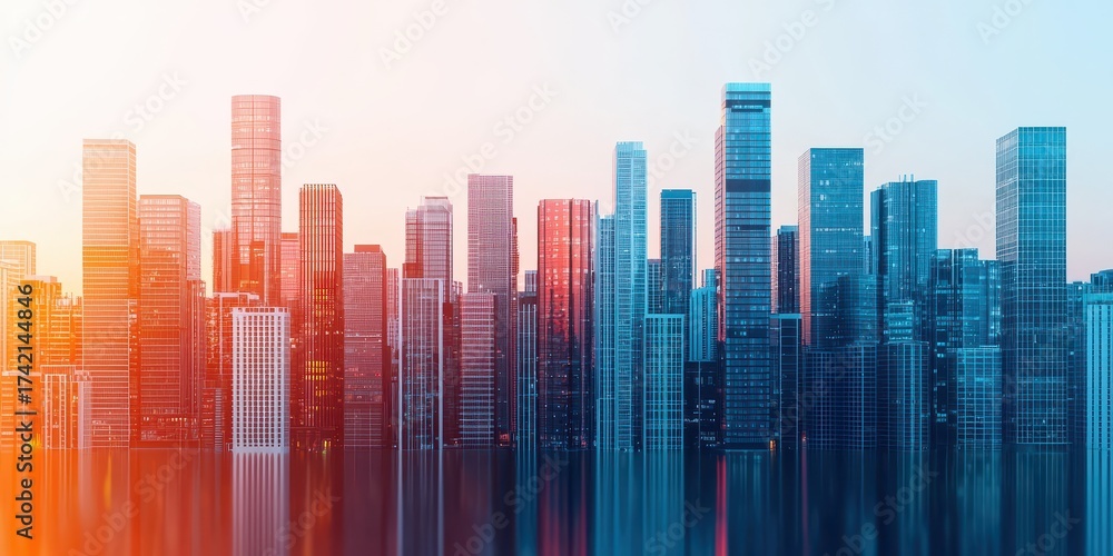 Fototapeta premium Modern Urban Skyline at Sunset with Glass Buildings