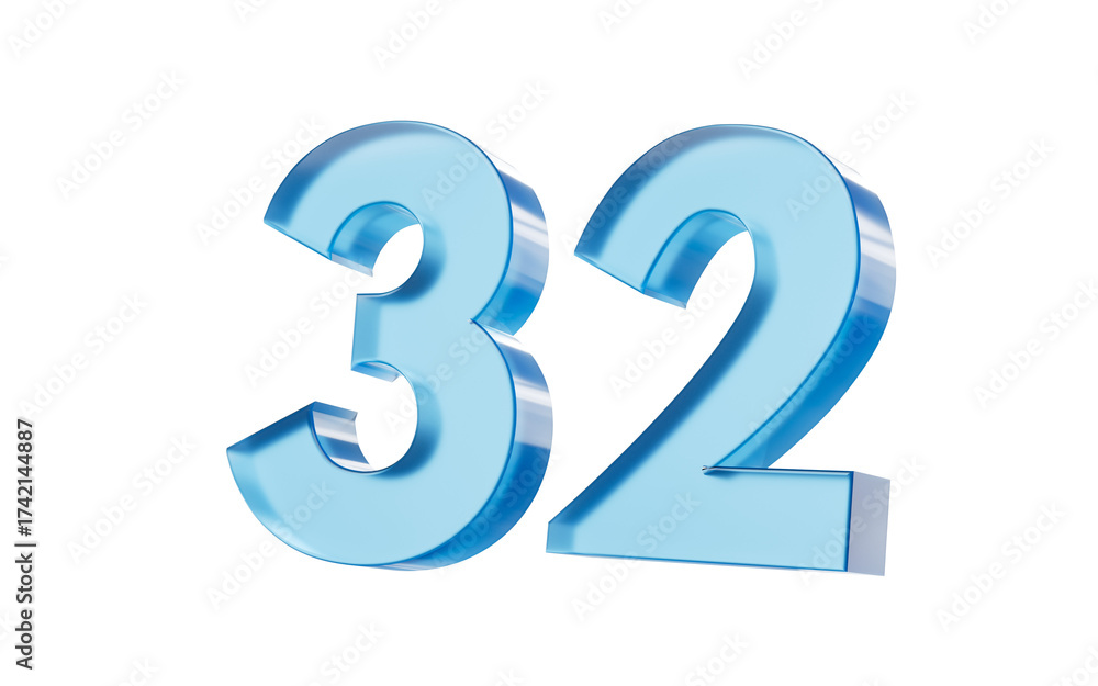 Naklejka premium 3d Glossy Blue number 32 Thirty two with a smooth finish and reflective highlights. 3d illustration