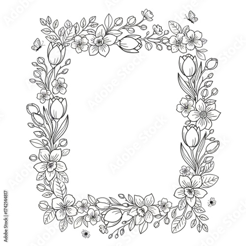 Detailed Spring Frame Vector with Hand-Drawn Floral Border of Tulips, Daffodils, and Butterflies Outline