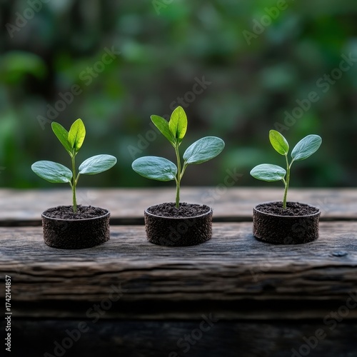 Growing Seedlings in Soil Pots on Rustic Wooden Table