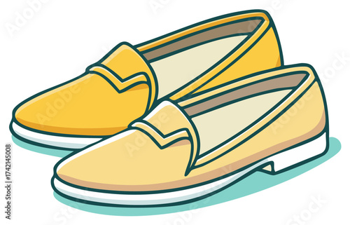 Stylish Yellow Loafers Close Up Vector Illustration Pair of Comfortable Casual Slip On Shoes for Men or Women Fashion