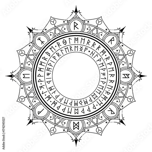 Elder Futhark Runes Circle: Intricate Black and White Magic Symbol Mandala Design, a Rune Symbol Vector Frame