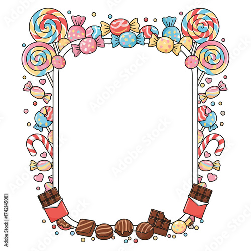 Sweet Rectangular Candy and Chocolate Border: Colorful Lollipops and Bonbons Decorative Frame, a Candy Frame