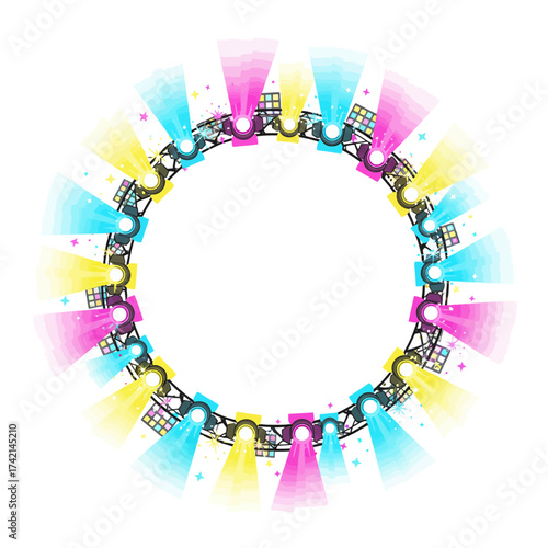 Vibrant Circular Stage Light Truss: Colorful Spotlights in Blue, Yellow, and Pink, a Stage Light Frame