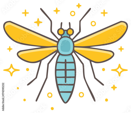 Stylized cartoon illustration of a cheerful mosquito with yellow wings and blue body surrounded by sparkles