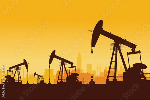 Silhouettes of oil pump jacks operating against a vibrant sunset sky with a city skyline.
