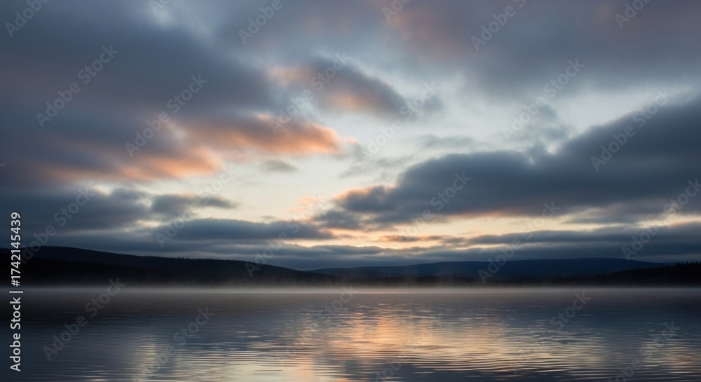 Naklejka premium Misty Lake at Dawn with Colorful Sky Reflections and Majestic Mountain Landscape