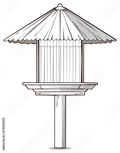 Stylized bird feeder with a tiered roof and vertical slats on a support post