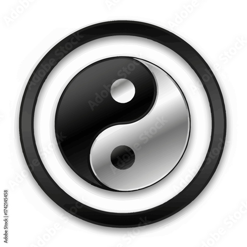 Circular Yin Yang Frame Vector, Metallic Tao Symbol Icon Representing Balance and Harmony